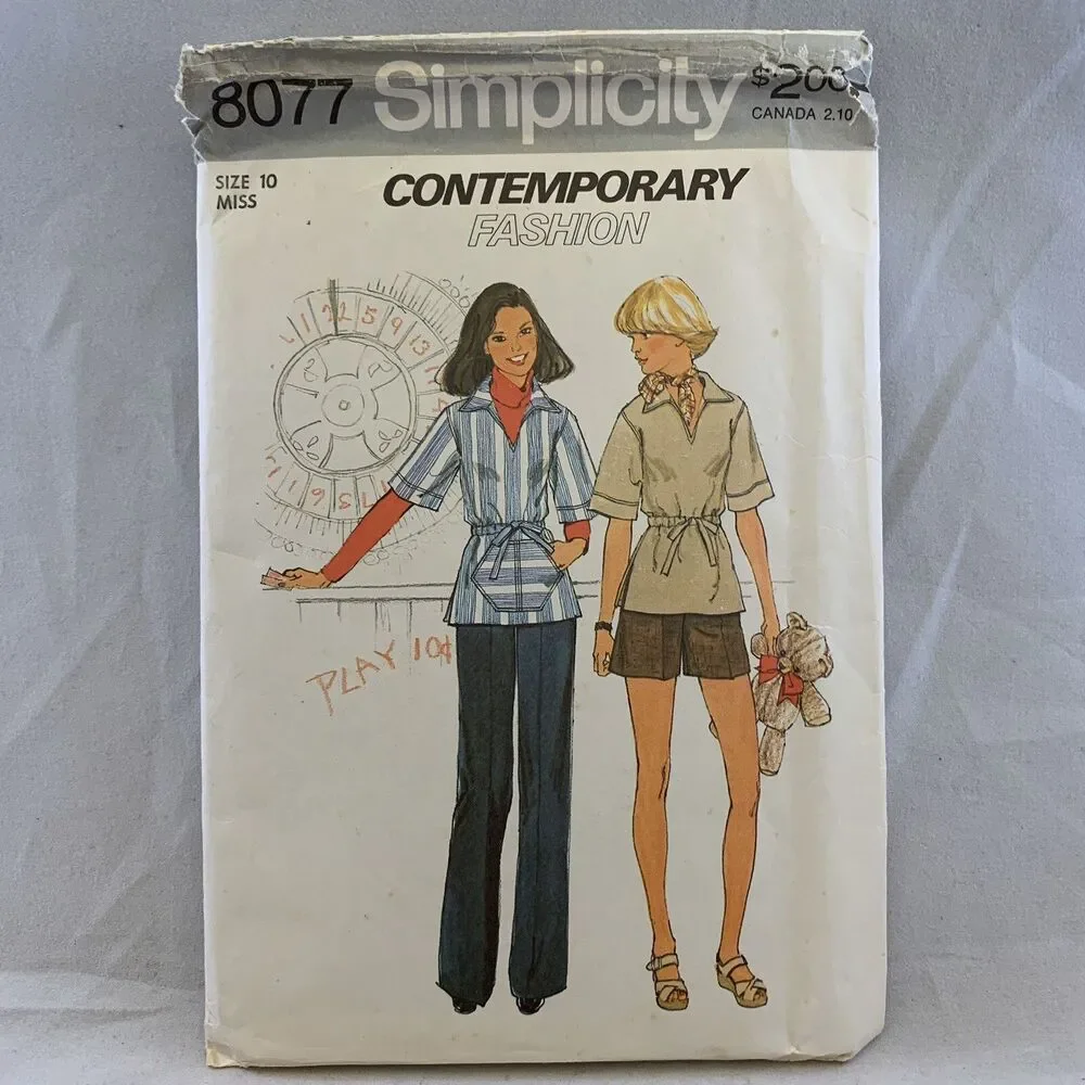 Simplicity Vintage 8077 Sewing Pattern Misses Pullover Top Pants Shorts Size 10